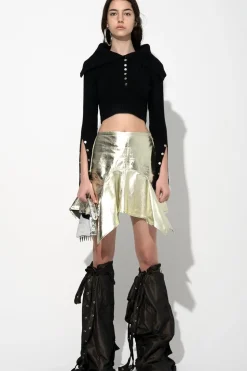 BLACK MERINO WOOL KNITTED CROPPED TOP WITH BIG COLLAR