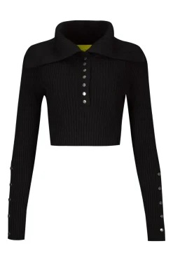 BLACK MERINO WOOL KNITTED CROPPED TOP WITH BIG COLLAR