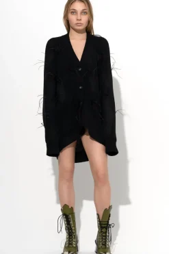 BLACK MERINO WOOL OVERSIZE CARDIGAN WITH FEATHERS