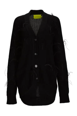 BLACK MERINO WOOL OVERSIZE CARDIGAN WITH FEATHERS