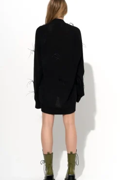 BLACK MERINO WOOL OVERSIZE CARDIGAN WITH FEATHERS