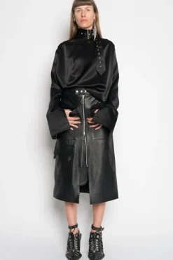 BLACK MIDI LEATHER SKIRT
