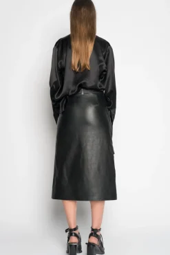 BLACK MIDI LEATHER SKIRT