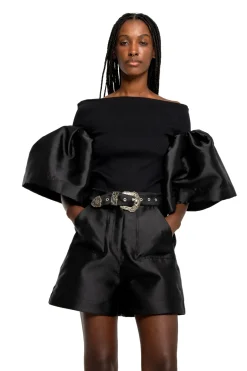 BLACK MIKADO OFF SHOULDER PUFF SLEEVE TOP