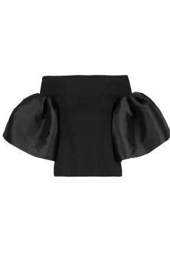 BLACK MIKADO OFF SHOULDER PUFF SLEEVE TOP