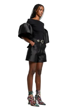 BLACK MIKADO OFF SHOULDER PUFF SLEEVE TOP