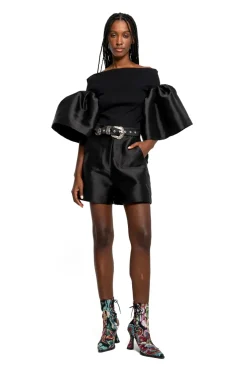 BLACK MIKADO OFF SHOULDER PUFF SLEEVE TOP