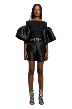 BLACK MIKADO OFF SHOULDER PUFF SLEEVE TOP