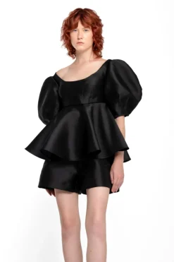 BLACK MIKADO TOP WITH PEPLUM AND BALLON SLEEVES