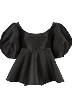 BLACK MIKADO TOP WITH PEPLUM AND BALLON SLEEVES