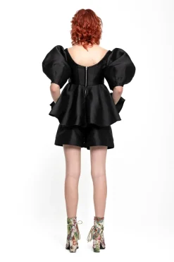BLACK MIKADO TOP WITH PEPLUM AND BALLON SLEEVES