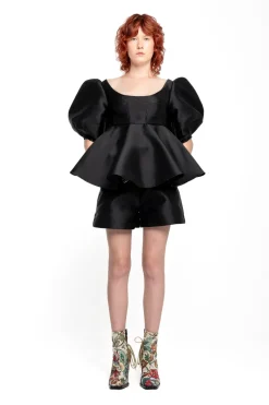 BLACK MIKADO TOP WITH PEPLUM AND BALLON SLEEVES