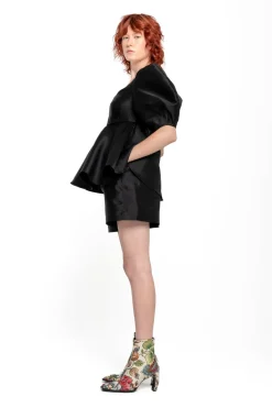 BLACK MIKADO TOP WITH PEPLUM AND BALLON SLEEVES