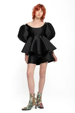 BLACK MIKADO TOP WITH PEPLUM AND BALLON SLEEVES