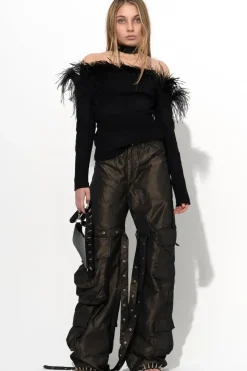 BLACK OFF SHOULDER TOP WITH FEATHERS