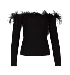 BLACK OFF SHOULDER TOP WITH FEATHERS