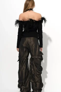 BLACK OFF SHOULDER TOP WITH FEATHERS