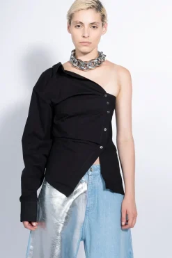 BLACK ONE SHOULDER DRAPED SHIRT