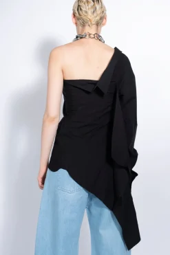 BLACK ONE SHOULDER DRAPED SHIRT