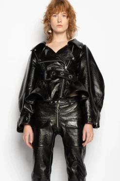 BLACK POINTY NECK LEATHER JACKET