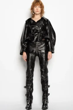 BLACK POINTY NECK LEATHER JACKET