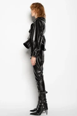 BLACK POINTY NECK LEATHER JACKET