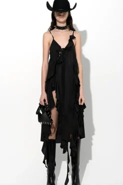 BLACK STRAP DRESS WITH ASYMMETRIC CASCADING FRILLS