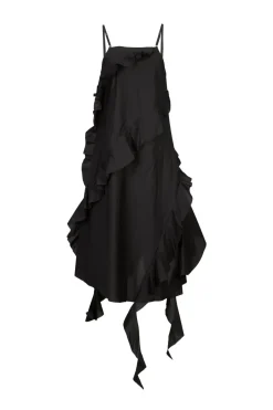 BLACK STRAP DRESS WITH ASYMMETRIC CASCADING FRILLS