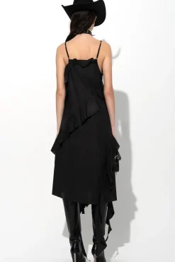 BLACK STRAP DRESS WITH ASYMMETRIC CASCADING FRILLS