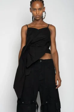 BLACK STRAP TOP WITH SIDE DRAPE