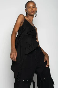 BLACK STRAP TOP WITH SIDE DRAPE