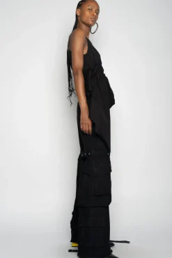 BLACK STRAP TOP WITH SIDE DRAPE