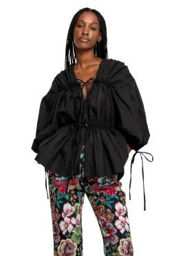 BLACK WRINKLED COTTON LACES RUCHED BLOUSE