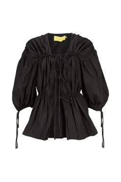BLACK WRINKLED COTTON LACES RUCHED BLOUSE