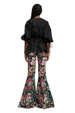 BLACK WRINKLED COTTON LACES RUCHED BLOUSE