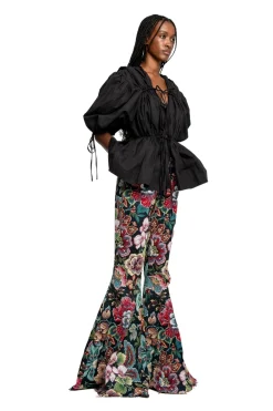 BLACK WRINKLED COTTON LACES RUCHED BLOUSE