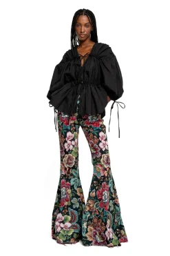 BLACK WRINKLED COTTON LACES RUCHED BLOUSE