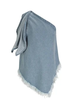 BLUE DENIM ONE SHOULDER KNOT TOP
