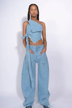 BLUE DENIM PATCH POCKET BOYFRIEND TROUSERS