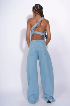 BLUE DENIM PATCH POCKET BOYFRIEND TROUSERS