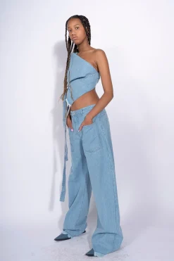 BLUE DENIM PATCH POCKET BOYFRIEND TROUSERS