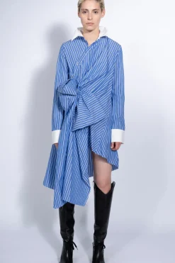 BLUE STRIPED SHIRT DRESS WITH SIDE BOW