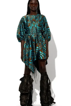 BLUE ZEBRA BROCADE BALLOON SLEEVE DRESS
