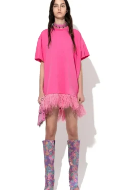 BRIGHT PINK FEATHER HEM T-SHIRT DRESS