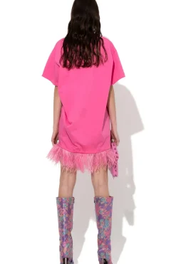 BRIGHT PINK FEATHER HEM T-SHIRT DRESS