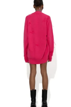 BRIGHT PINK MERINO WOOL OVERSIZE CARDIGAN WITH FEATHERS
