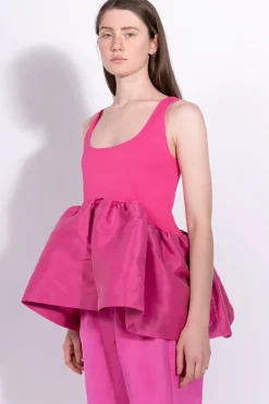 BRIGHT PINK SLEEVELESS PUFF HEM TOP