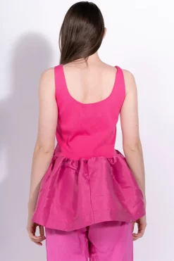 BRIGHT PINK SLEEVELESS PUFF HEM TOP