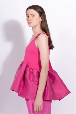 BRIGHT PINK SLEEVELESS PUFF HEM TOP