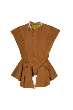 BROWN DENIM STRUCTURE SHOULDER CINCHED TOP